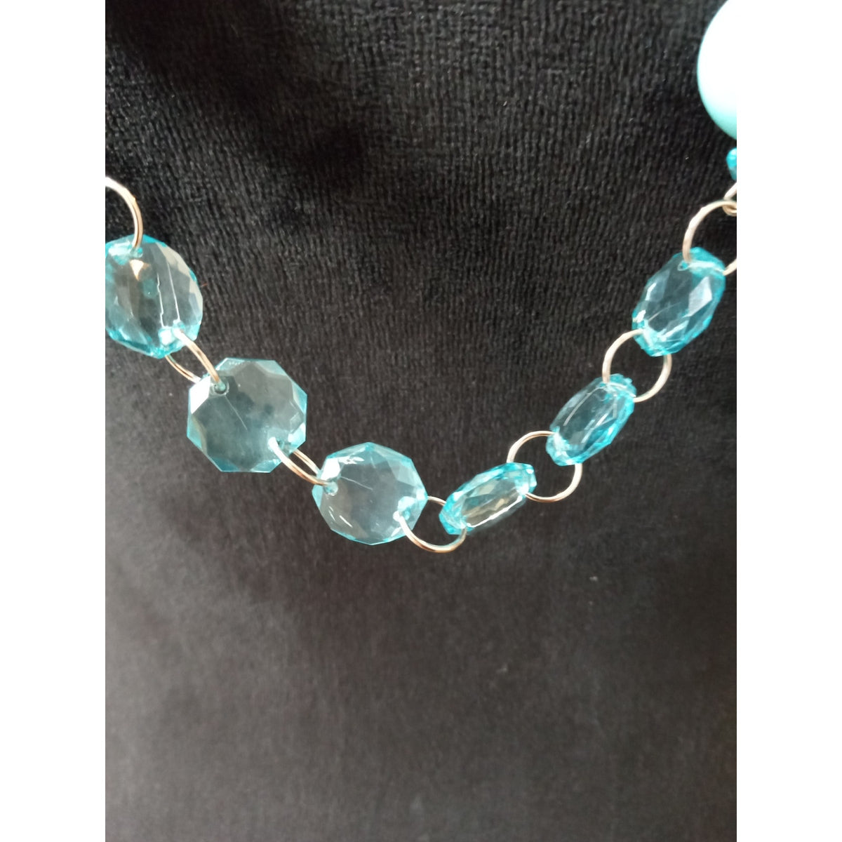 Long Turquoise Beaded Necklace Blue Glass Beads Silver Tone Boho Statement Set