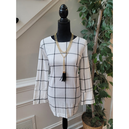 Liz Claiborne Blouse Women's Small White Black Windowpane Career Top Bell Sleeve