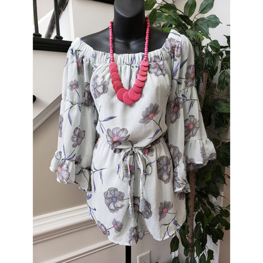 Blush Romper Women Large Gray Floral Print Off Shoulder Cinch Waist Flare Sleeve