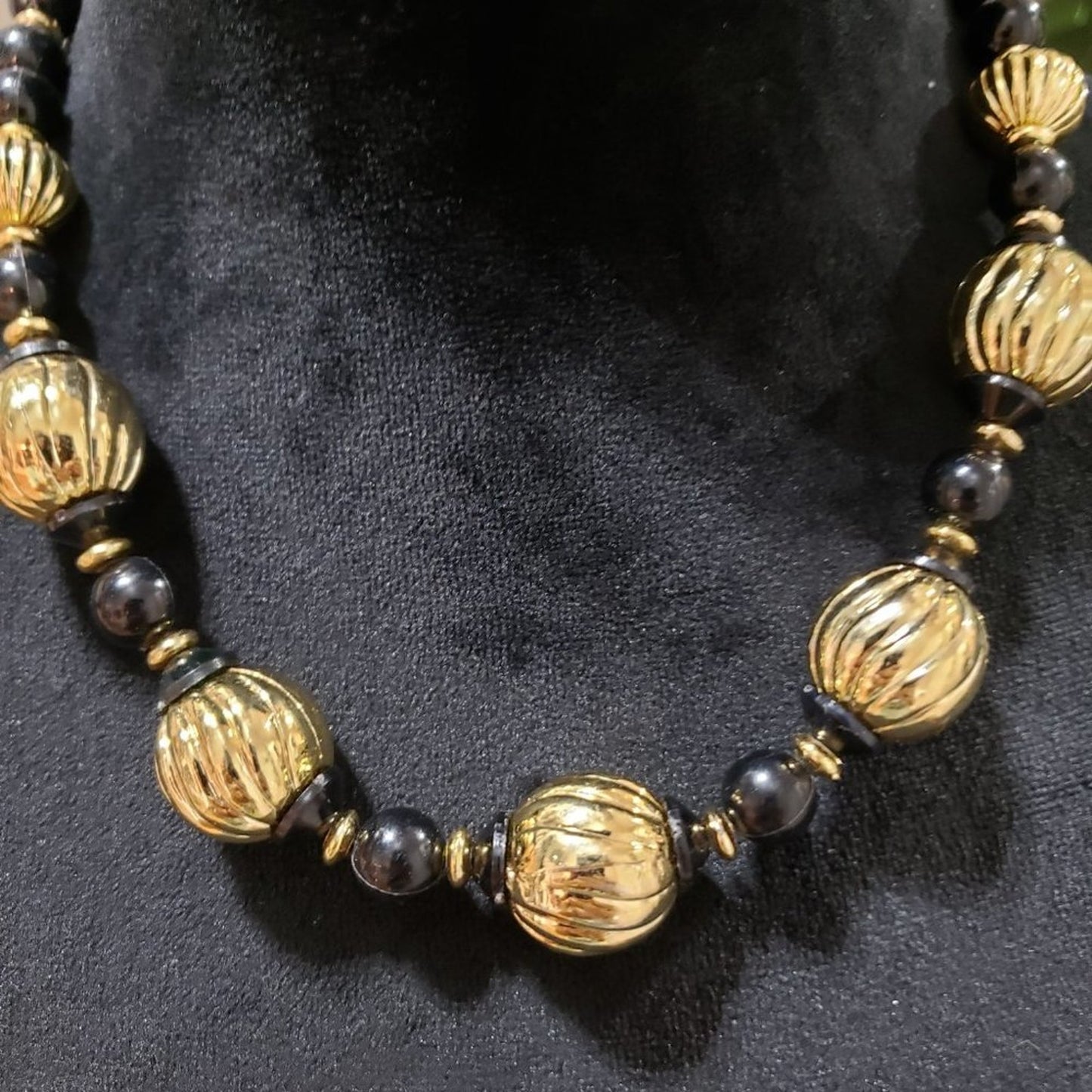 Womens Black Rhinestones Beaded Gold Tone Charm Choker Necklace w/ Round Clasp