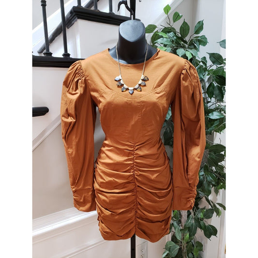 Fashion Nova Women's Orange Rayon Long Sleeve Ruched Knee Length Dress Small