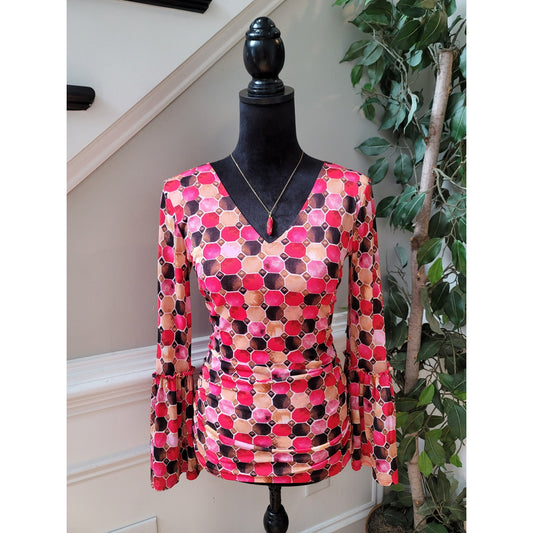 Thalia Sodi Women's Blouse XS Multicolor Geometric Print Long Bell Sleeve Top