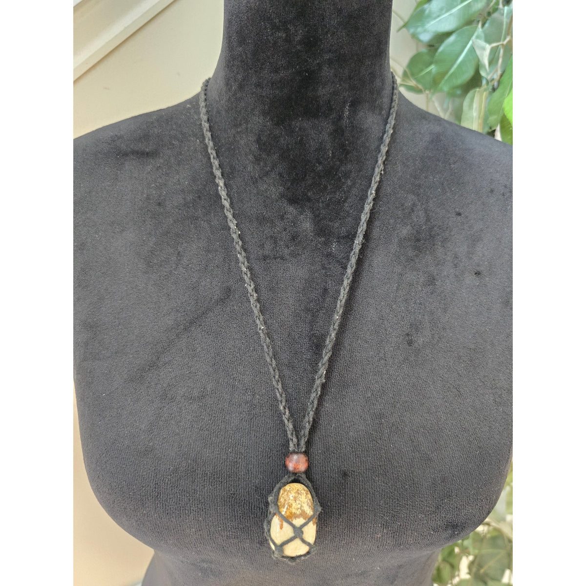 Long Black Cloth Cord Tan Stone Pendant Necklace Boho Style