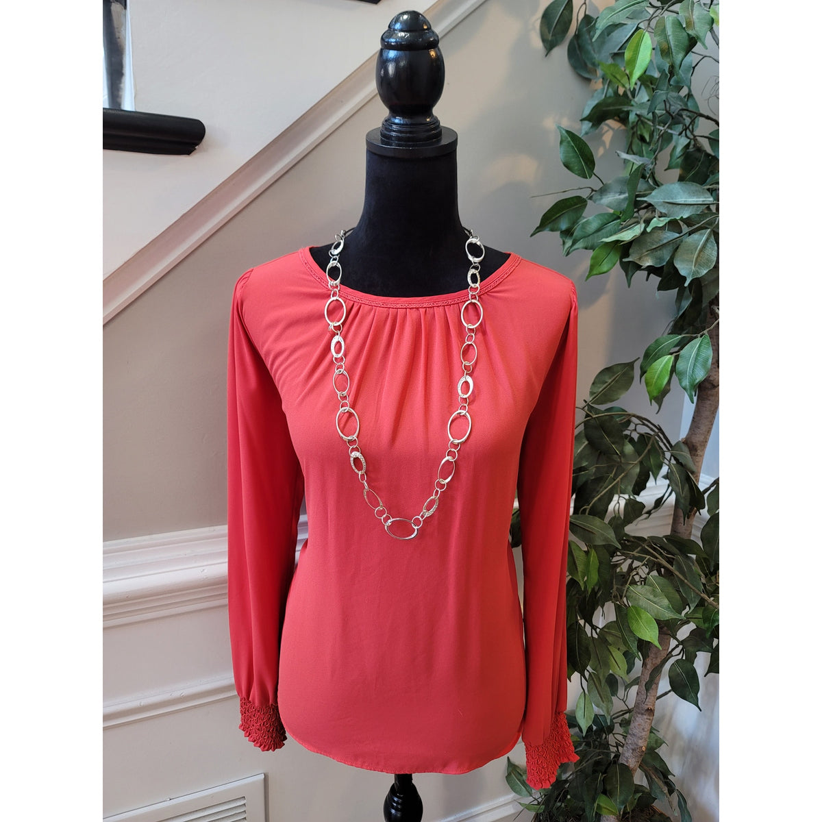 Loft Blouse S Red Ruched Boat Curved Hem Keyhole Back Bishop Sleeve Pullover