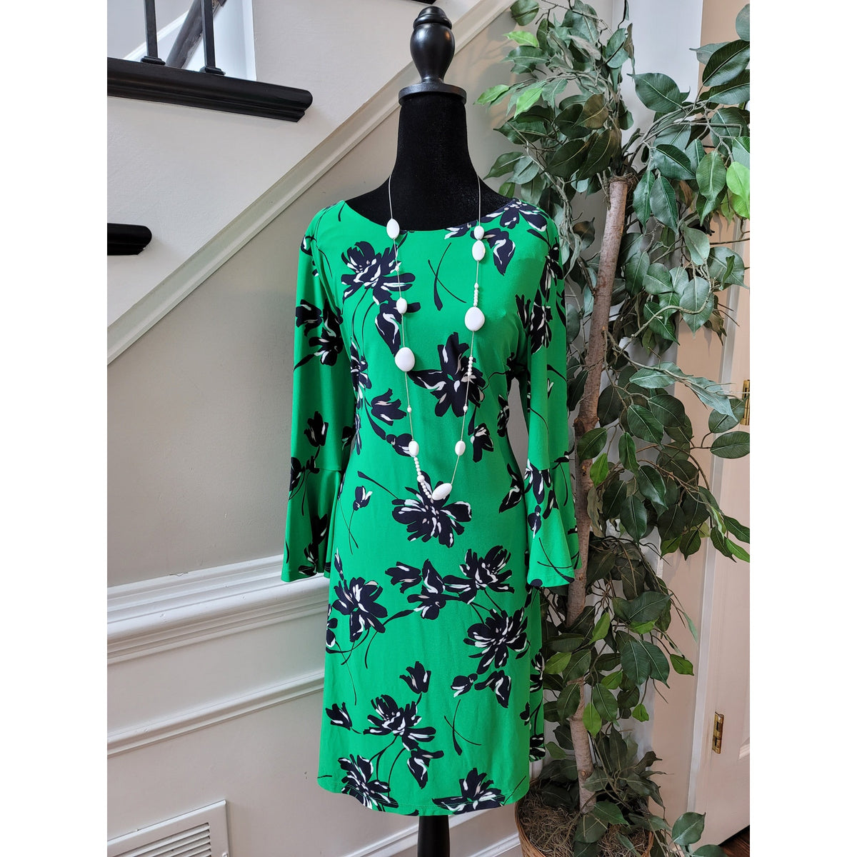 Tommy Hilfiger Dress Womens Small Green Floral Print 3/4 Sleeve Casual Chic