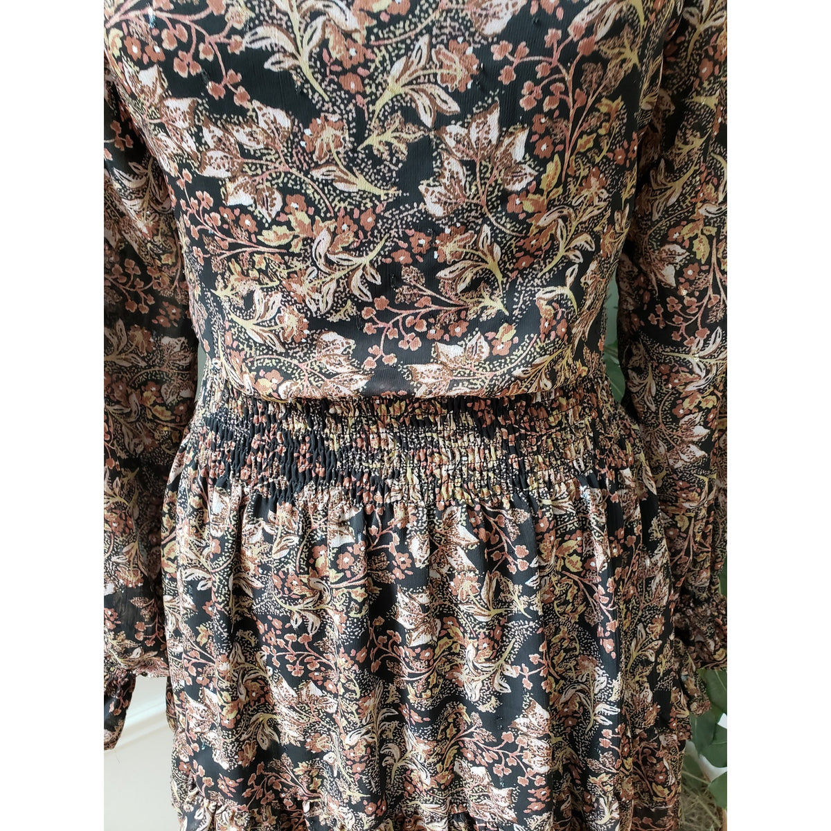 VICI Mini Dress Womens XS Multi Floral Polyester Lined Smocked Waist Mock Neck