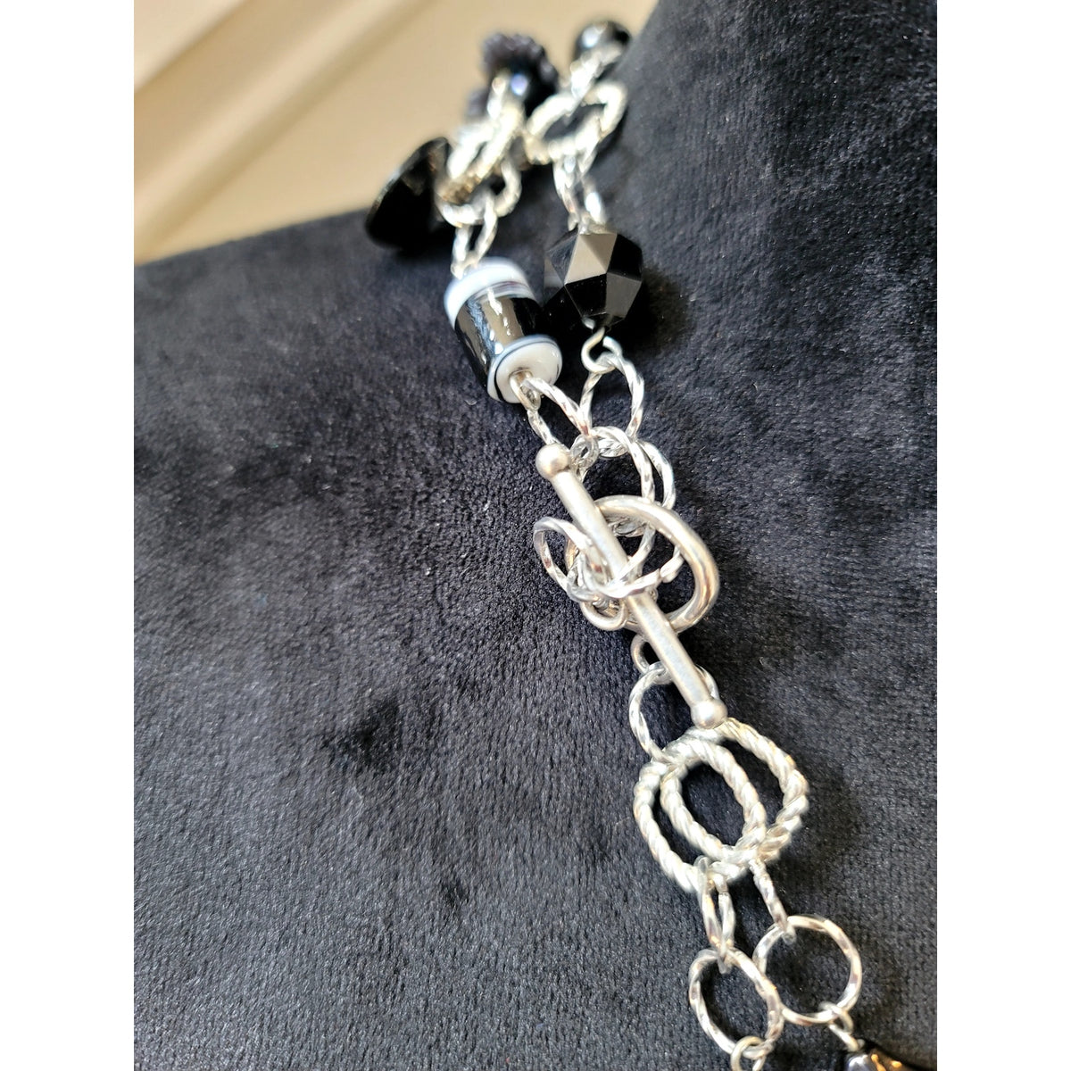 Silver Tone Black Beaded Multi-Strand Chain Necklace Layered Boho Statement