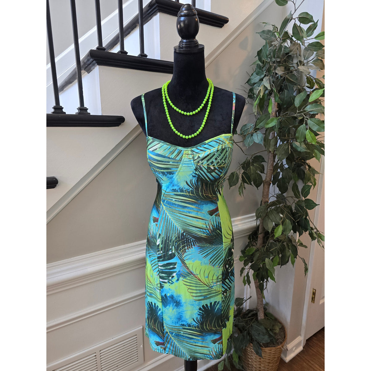 Merci Bodycon Dress Womens Large Multicolor Tropical Palm Padded Spaghetti Strap
