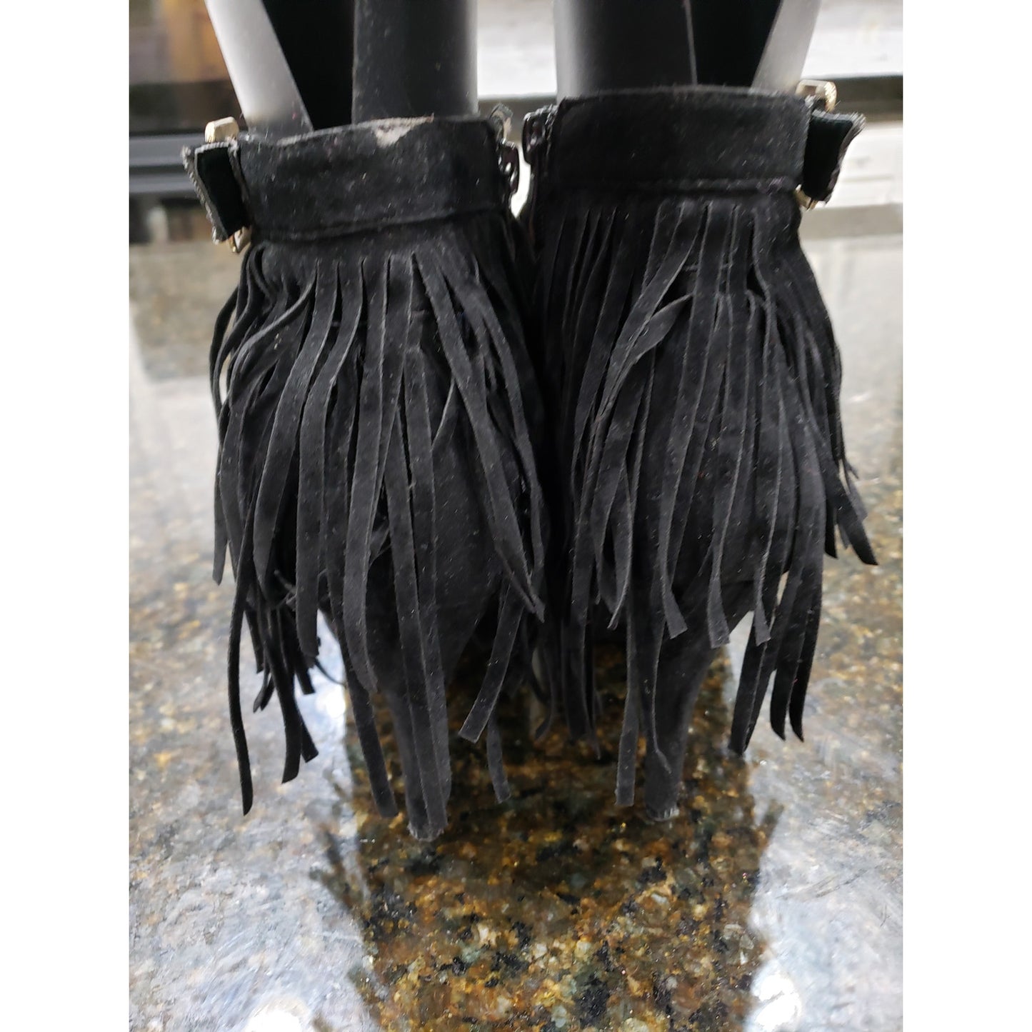 Forever Fringe Booties Women's 7.5 Black Suede Round Toe Stiletto Heel Side Zip