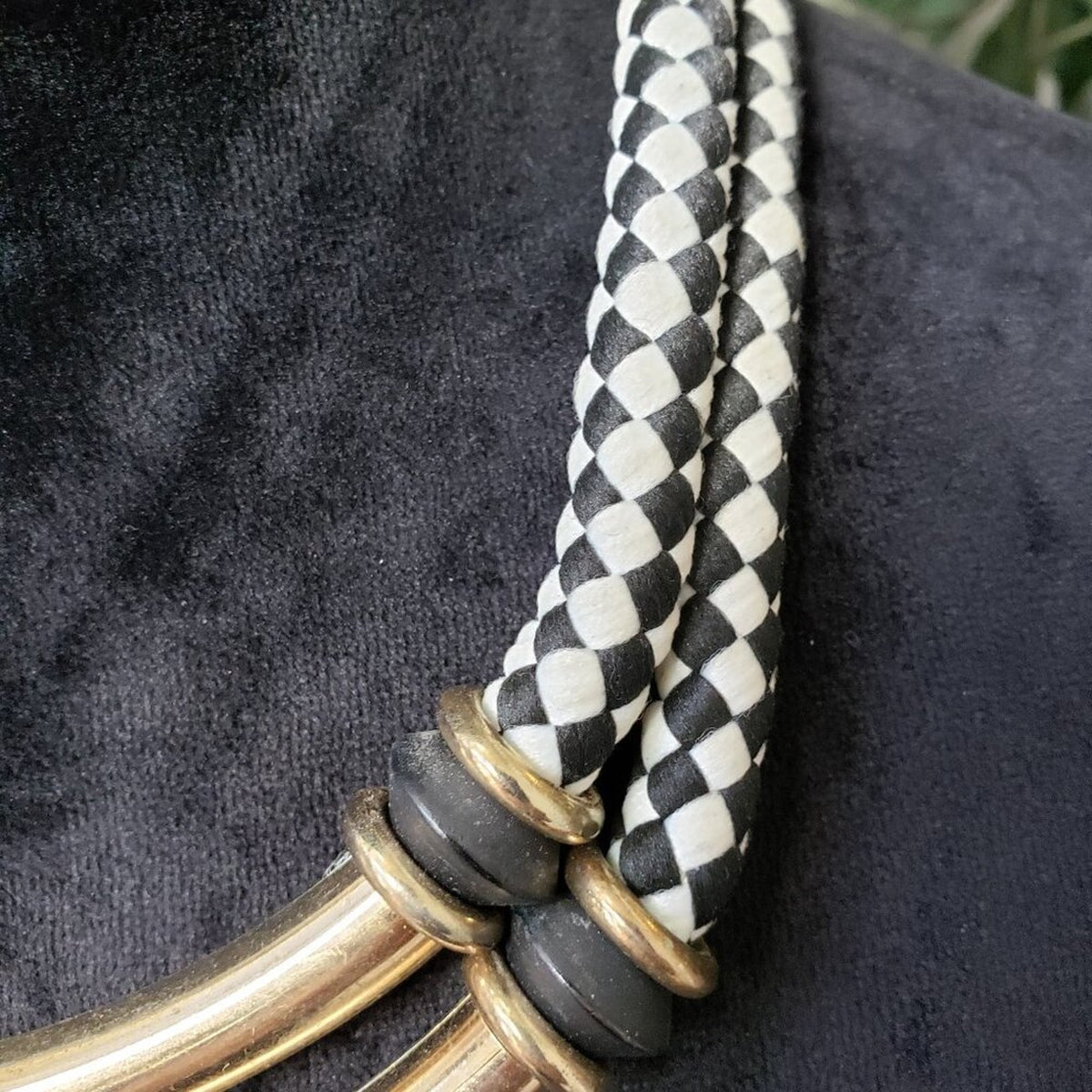 Womens White Black Leather Brass Two Layered Choker Necklace with Lobster Clasp