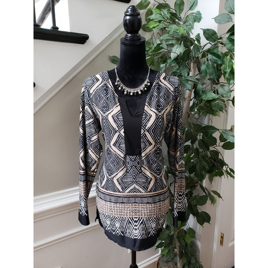Melissa Paige Womens Black & White Polyester V-Neck Long Sleeve Top Blouse Large