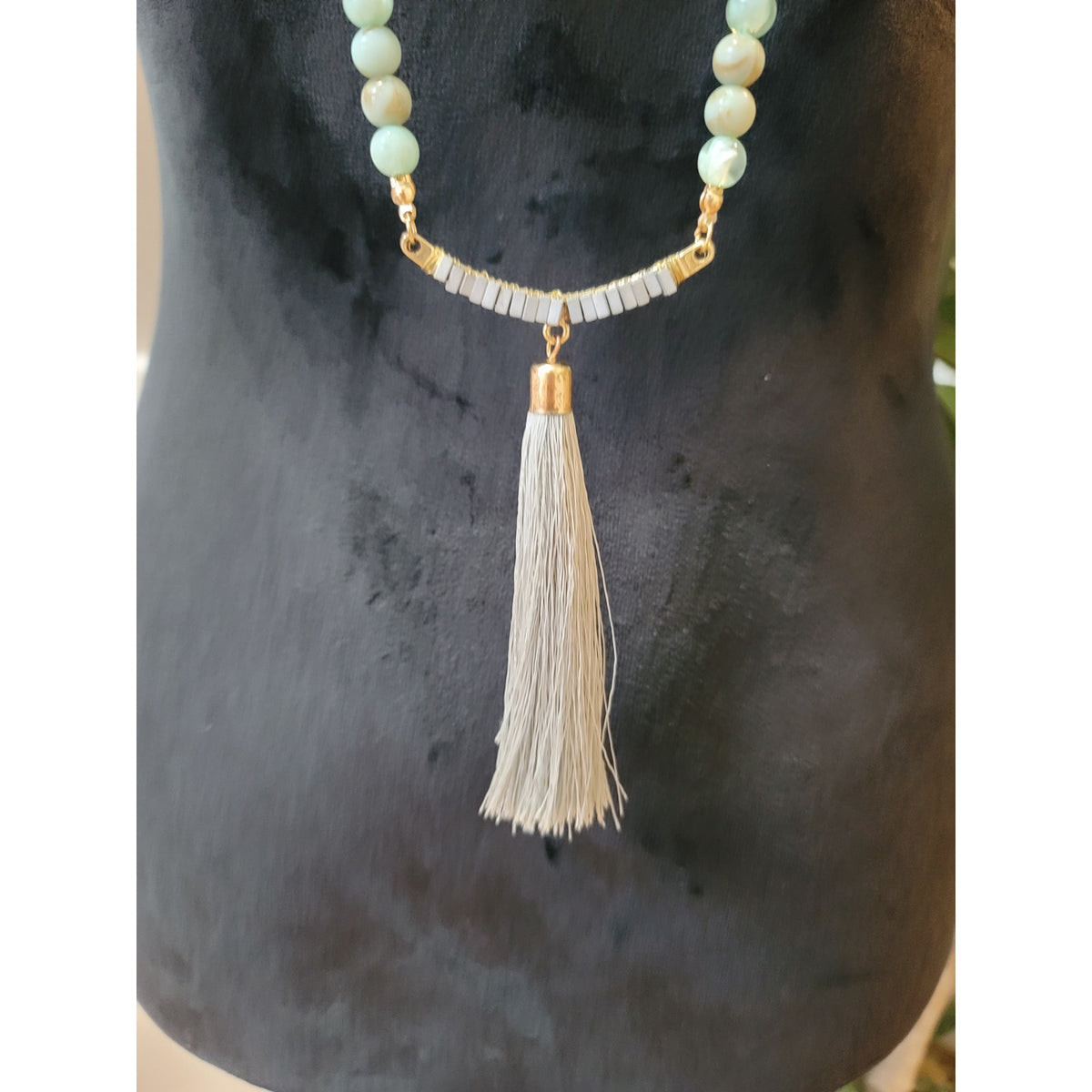 Women's Long Beaded Necklace with Tassel Pendant and Gold Chain