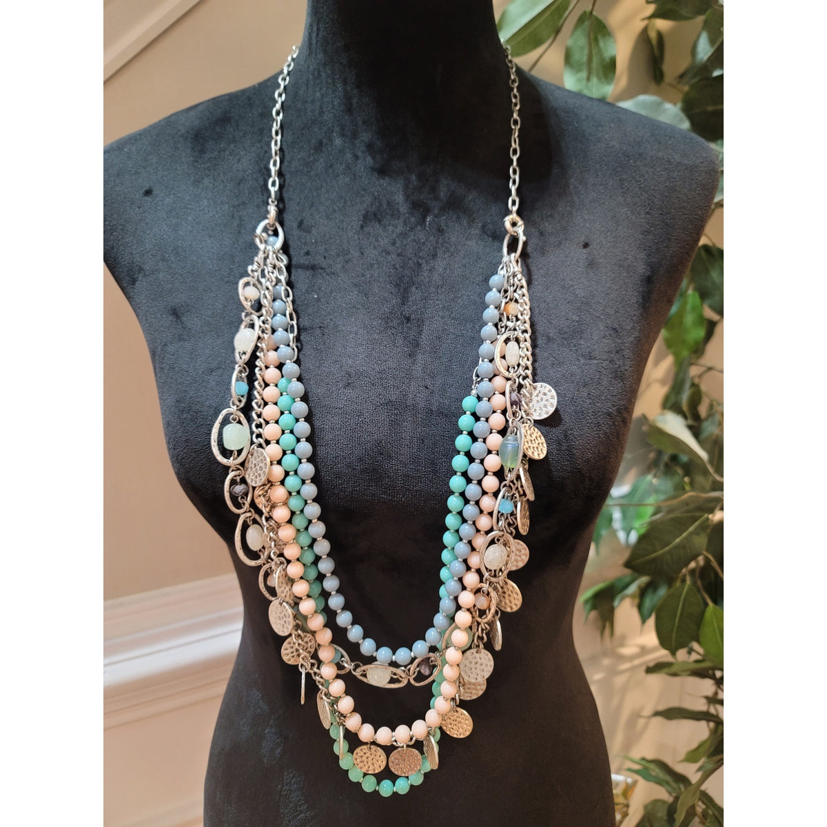 Womens Multi Layer Beaded Charm Necklace Toggle Lock Pastel Blue And Green Beads