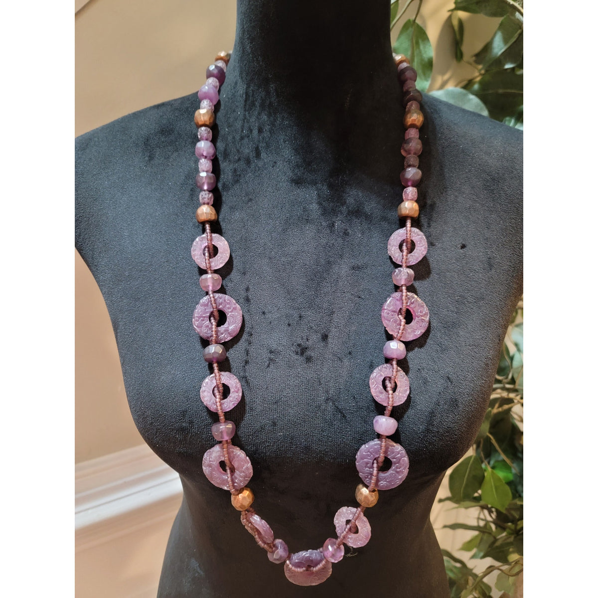Coldwater Creek Women's Purple Carved Bead Necklace Round Accents Lobster Claw