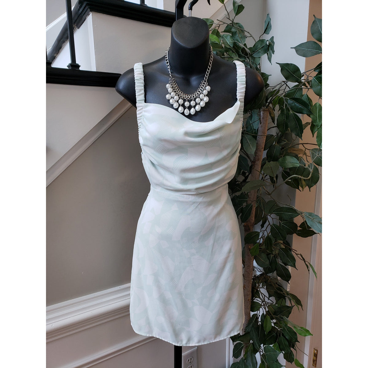 Forever 21 Fit & Flare Dress Womens Size M Beige Patterned Sleeveless Cowl Neck