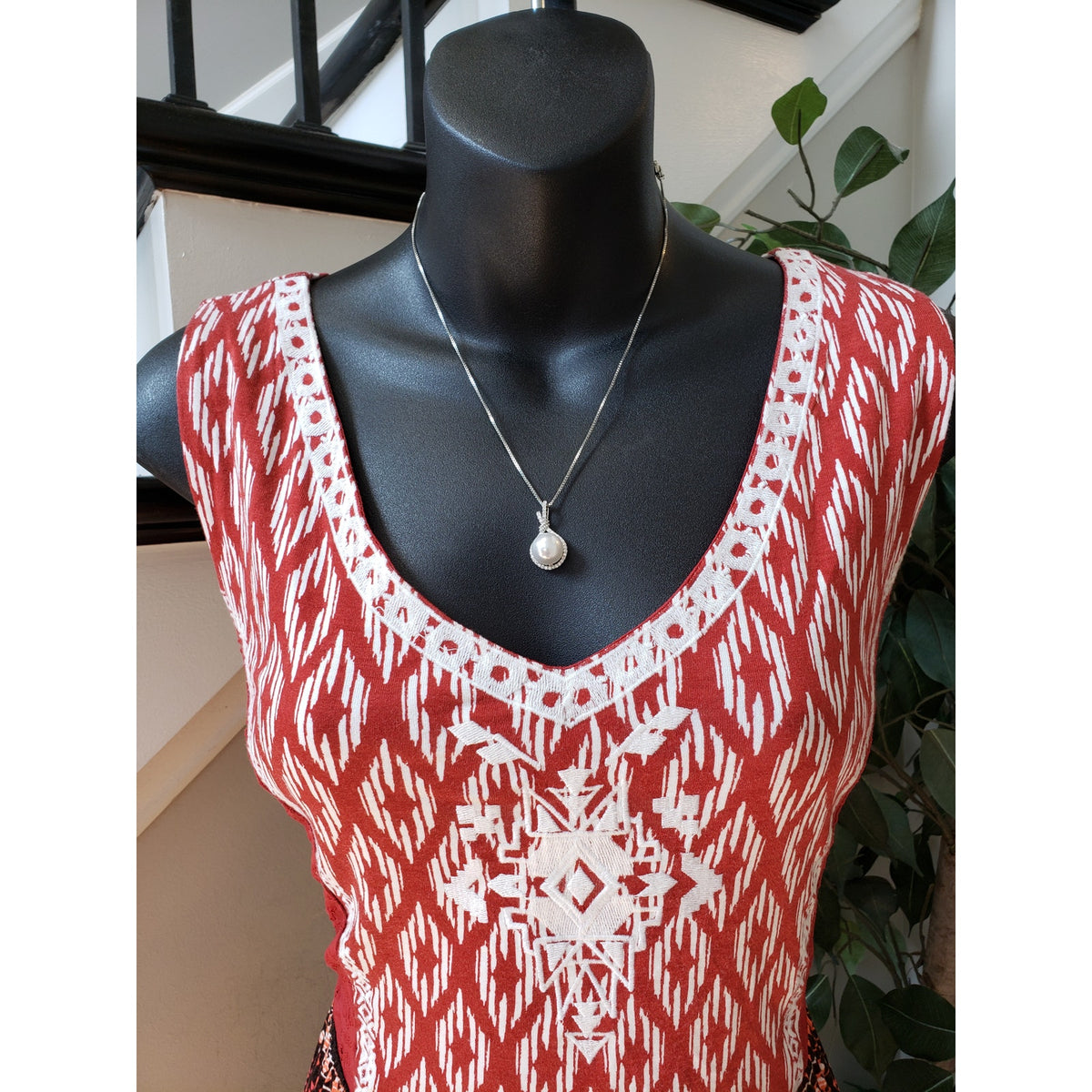 Spense Long Maxi Dress Womens XL Multi Geo Print Sleeveless Embroidered V Neck