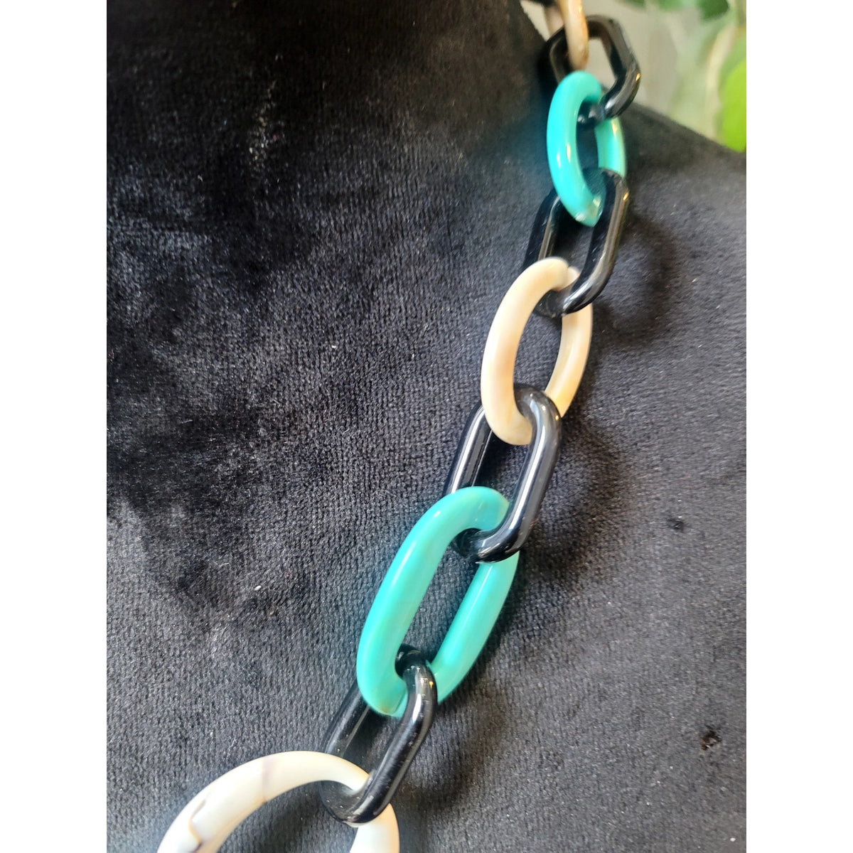 Chunky Resin Link Necklace & Earrings Set Turquoise Black White Statement Boho