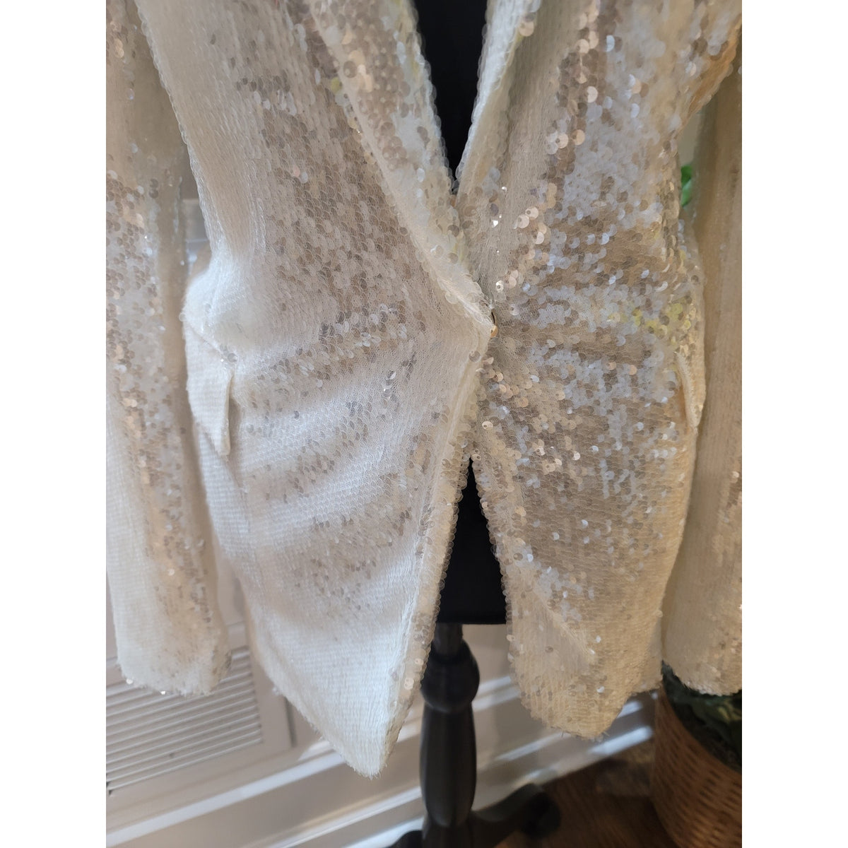 Celebrity Sequin Blazer Women's Large White Snap Button Fully Lined Faux Pockets