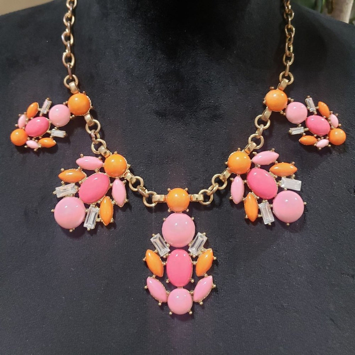 New York Womens Pink Orange Gemstones Floral Statment Collar Necklace w/ Lobster