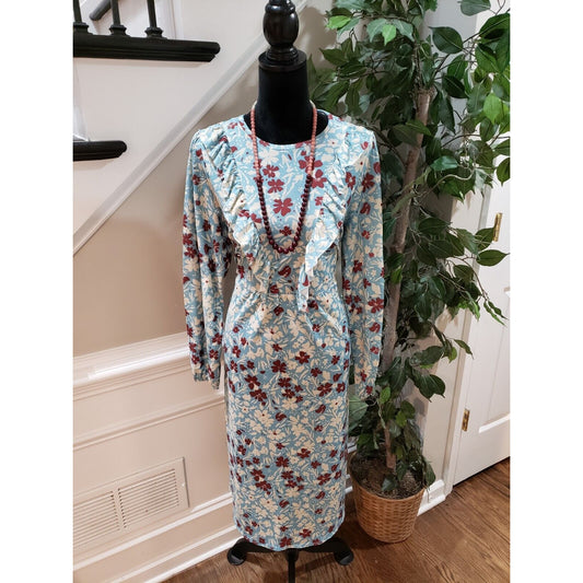 Zara Women Blue Floral Polyester Round Neck Long Sleeve Knee Length Dress Size M