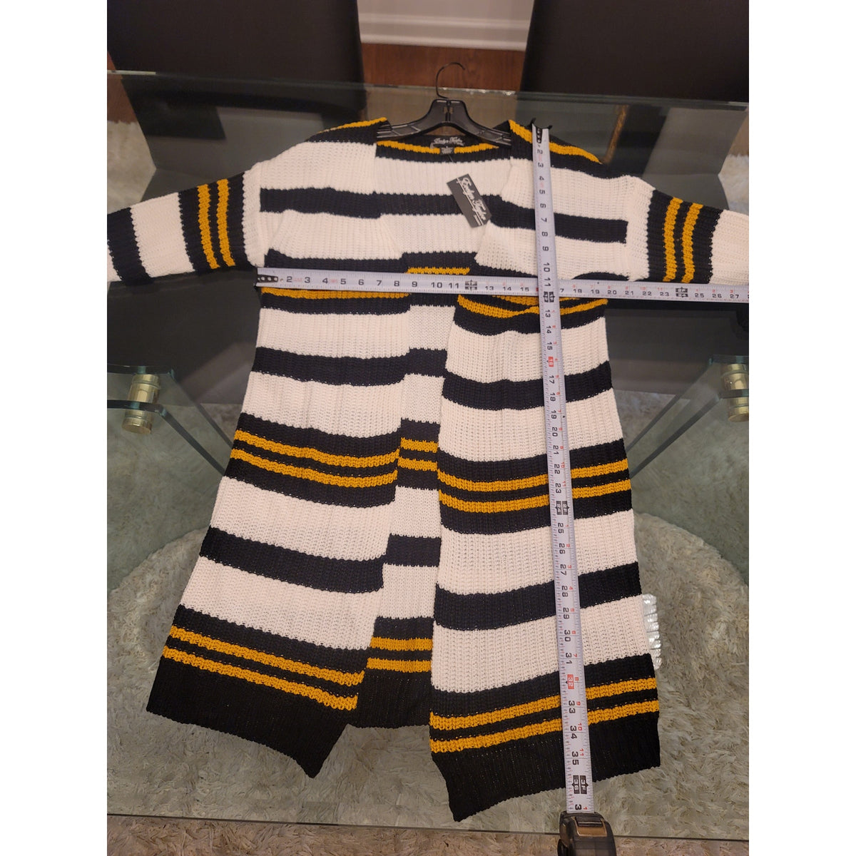 Evelyn Taylor Cardigan Sweater Women's Small Black/White Striped Open Front