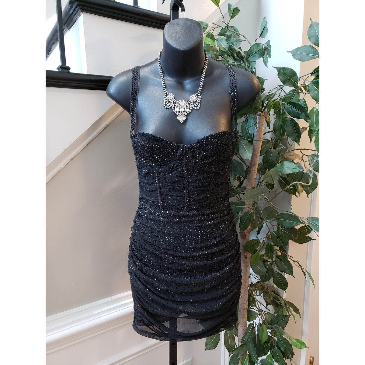 Oh Polly Mini Bodycon Dress Women's Size 4 Black Sheer Embellished Scoop Neck