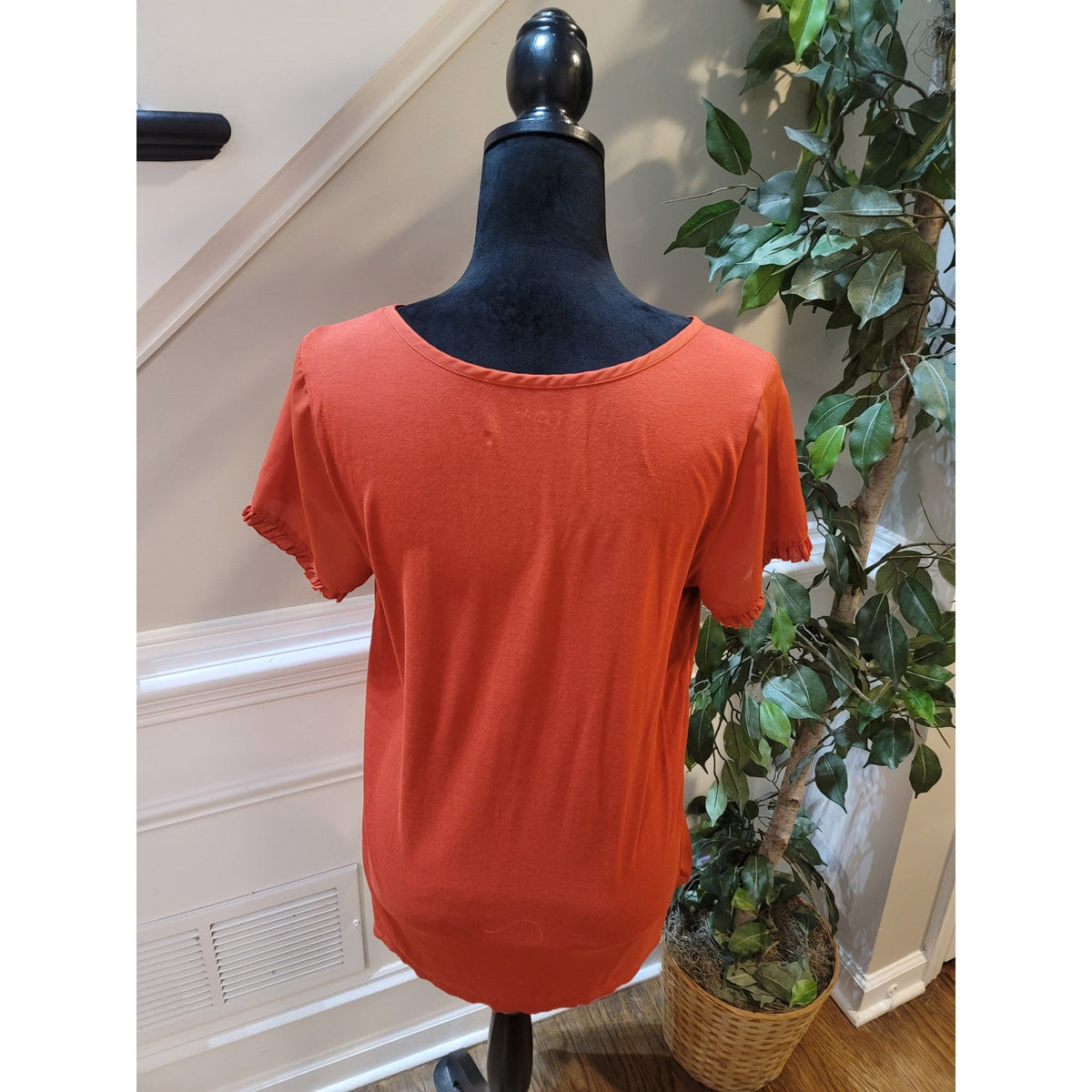 Loft Blouse Top Women's Medium Orange Gathered Ruffle Flutter Sleeve Boat Neck