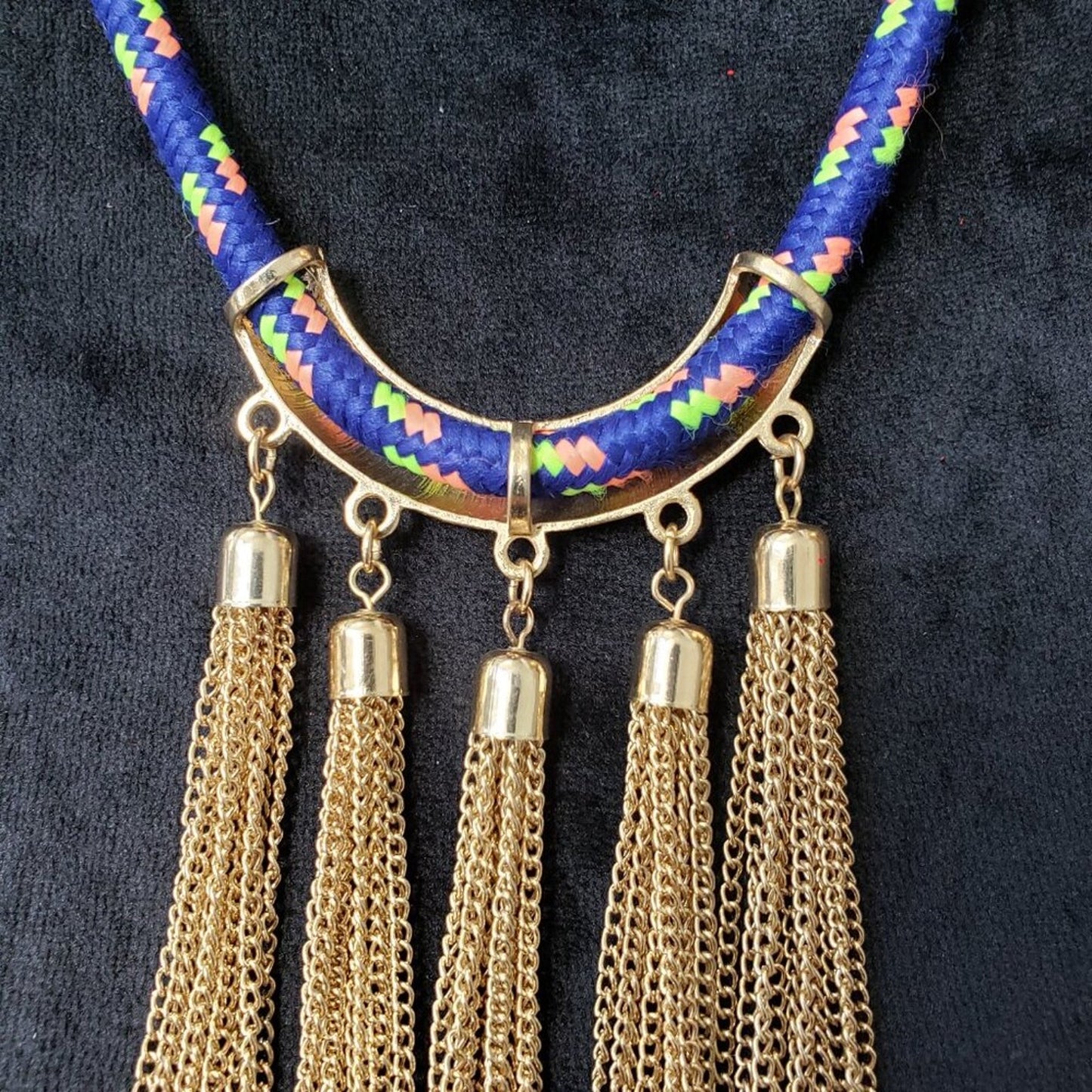 Womens Blue White Rope Boho Style Chain Tassel Collar Necklace w/ Lobster Clasp