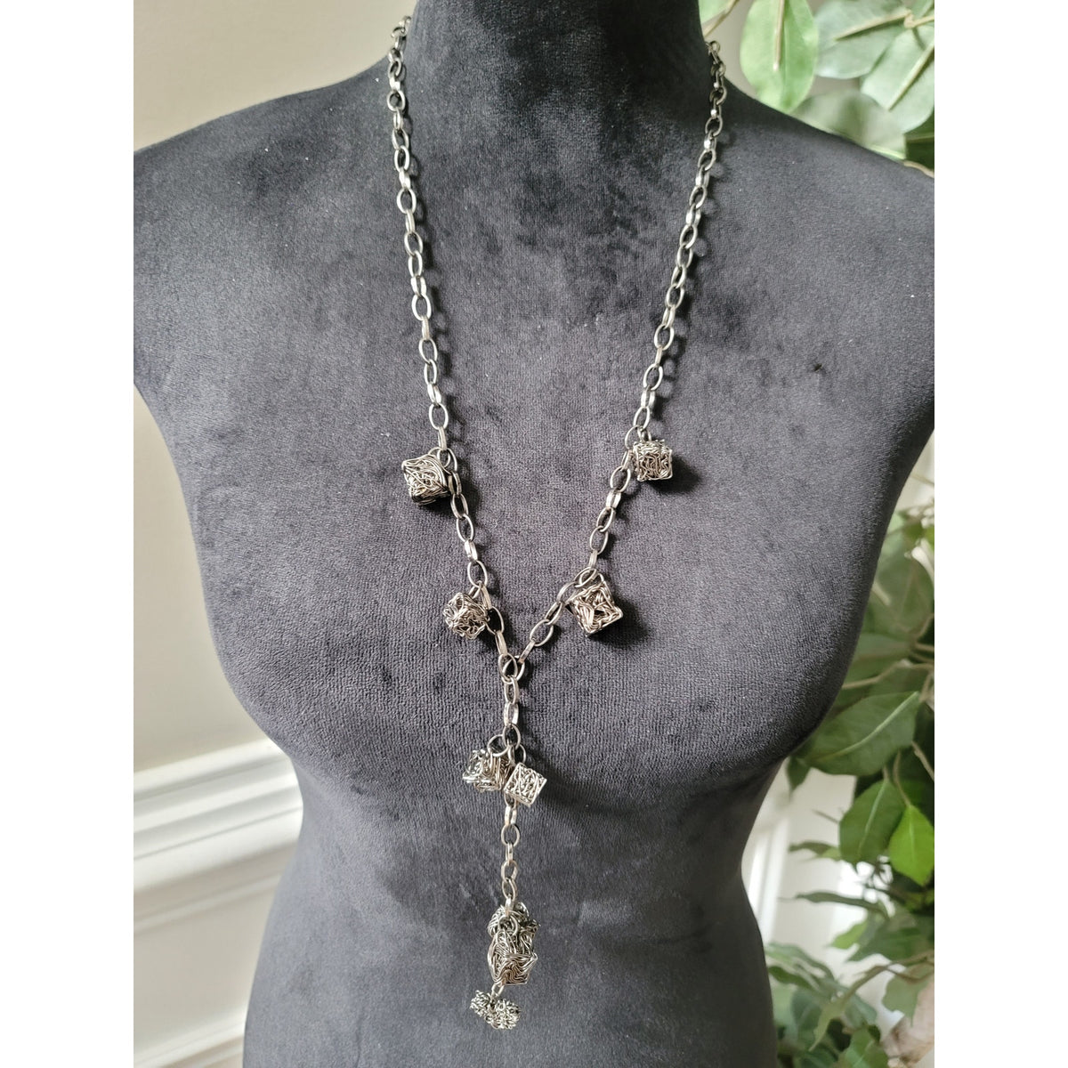 Women's Handmade Silver Chain Necklace With Wire Cube Charms Statement Jewelry