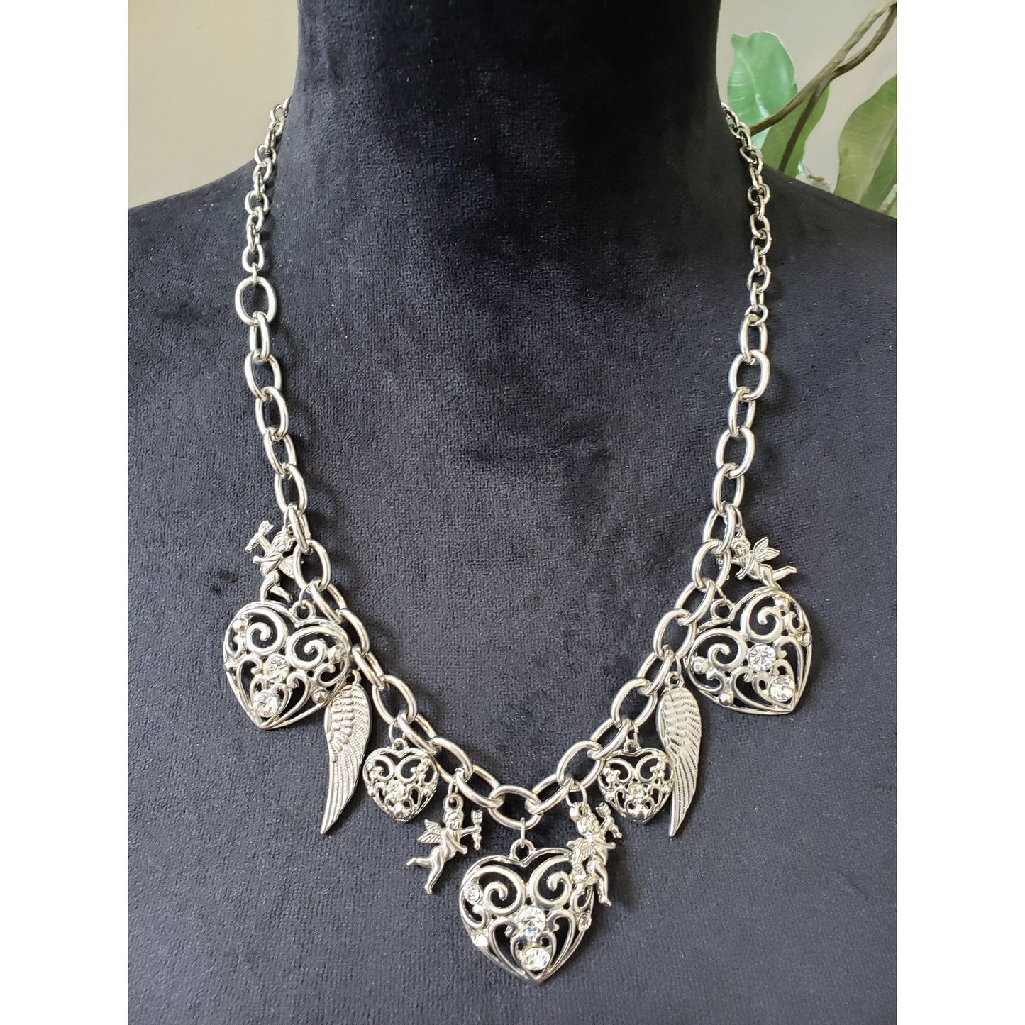 Women's Silver Tone Heart Charm Necklace Rhinestone Angel Wing Lobster Clasp