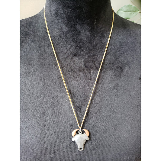 Women's Bull Skull Pendant Necklace with Bronze Horns and Gold Chain