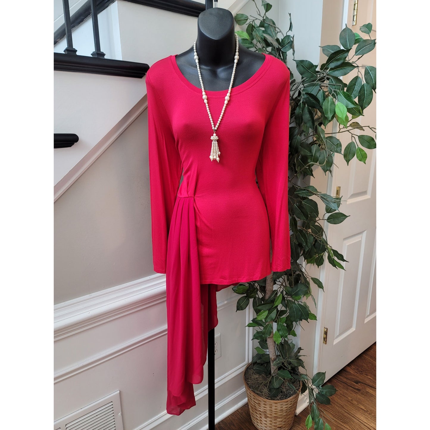 Boston Proper Top Women's Size S Red Long Sleeve Tunic Chiffon Overlay Elegant