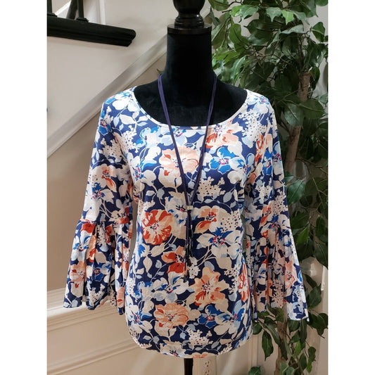 Jane and Delancey Women's Multi Floral Round Neck Long Sleeve Top Blouse Large