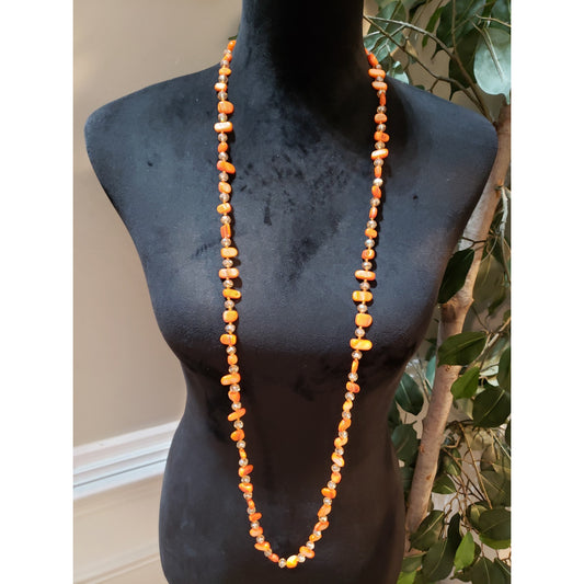 Women Fashion Coral Stones Faceted Glass Beads Long Necklace Jewelry w/ Earrings