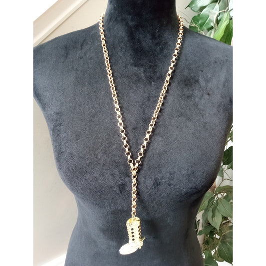 Gold Tone Rhinestone Cowboy Boot Pendant Necklace Western Charm Statement