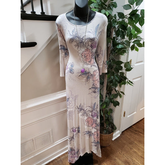 Annabelle Women's Gray Floral Rayon Round Neck 3/4 Sleeve Long Maxi Dress Small