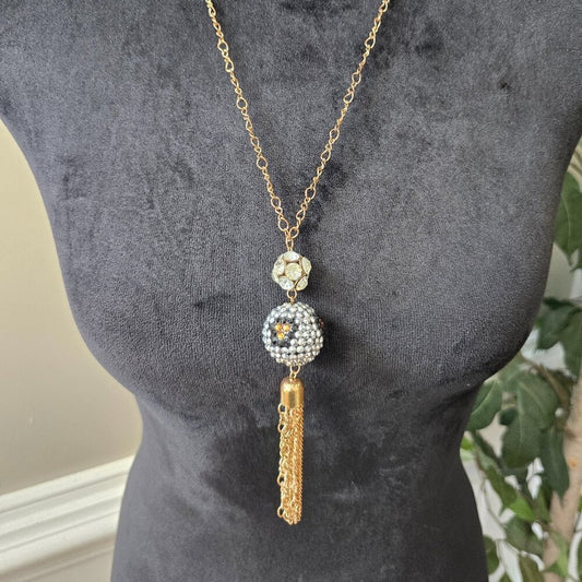 Womens Rhinestone Gold Tone Tussle Ball Orb Pendant Necklace with Lobster Clasp