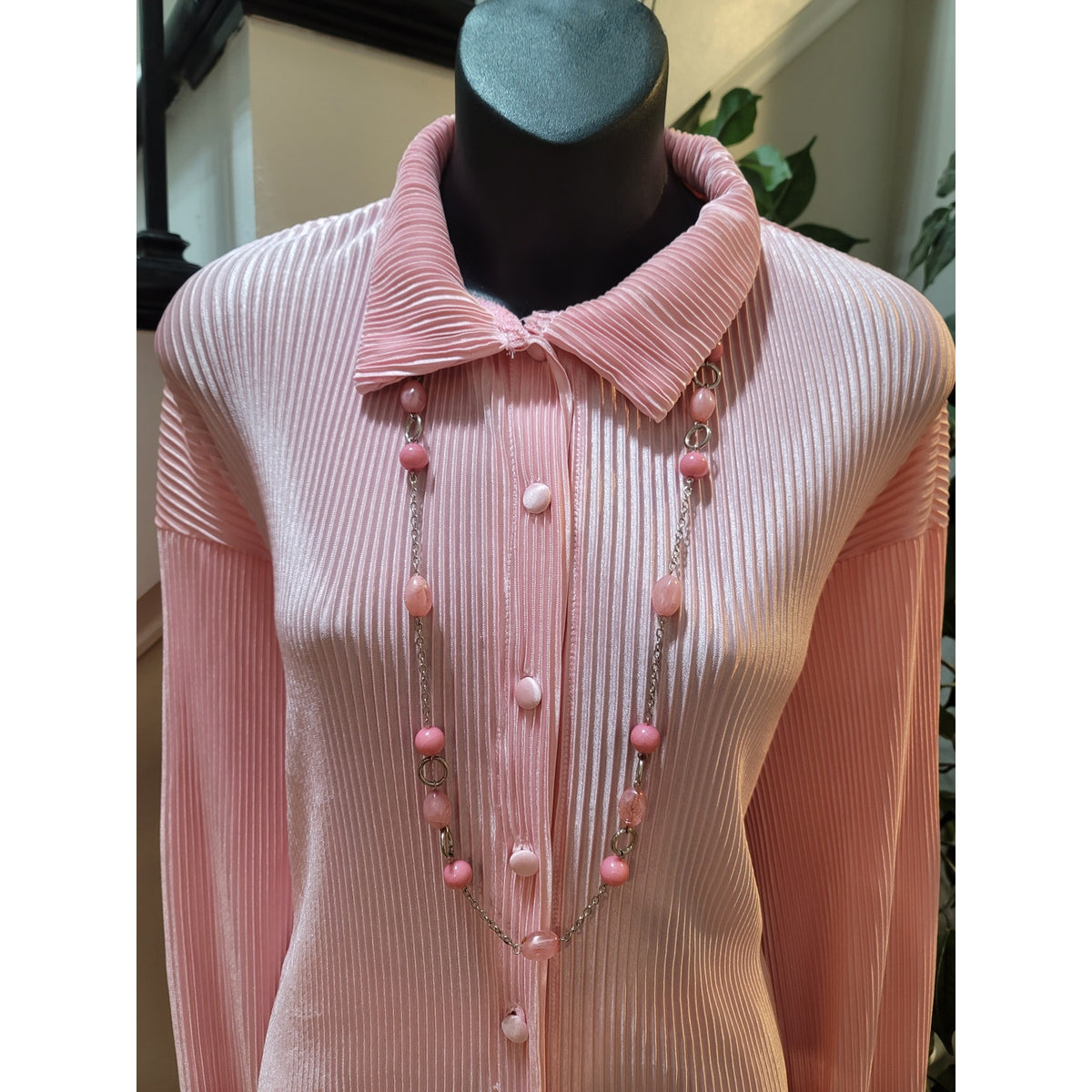 Lounge Set Women's SZ XL Pink Pleated Button Up Front Drop Shoulder Lettuce Hem