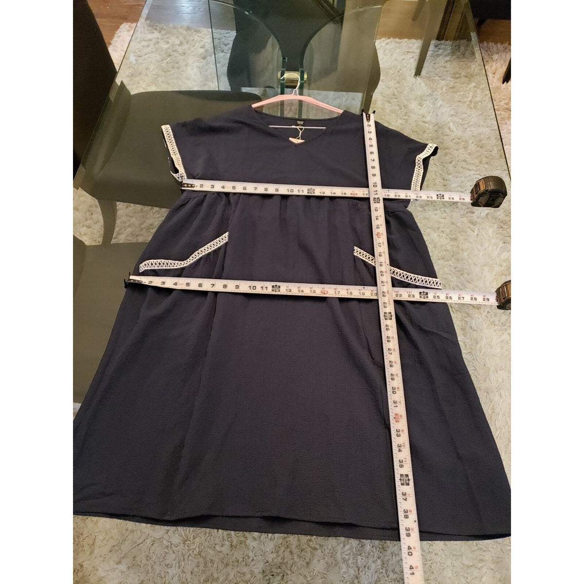 Emery Rose Women's Blue Solid Polyester V-Neck Short Sleeve Knee Length Dress L