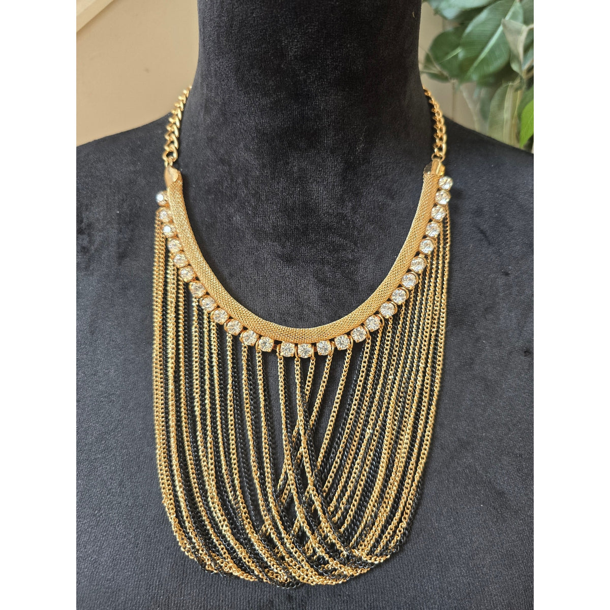 Gold Tone Multi Strand Draped Chain Bib Statement Necklace Rhinestone Fashion