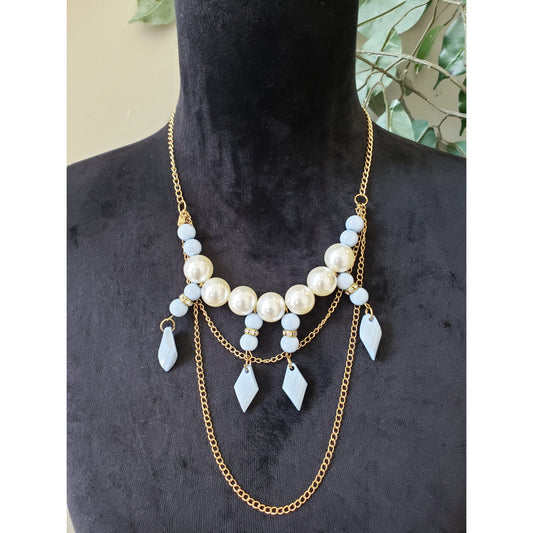 Womens Gold Tone Faux Pearls Blue Acrylic Beads Statement Necklace w/ Claw Clasp