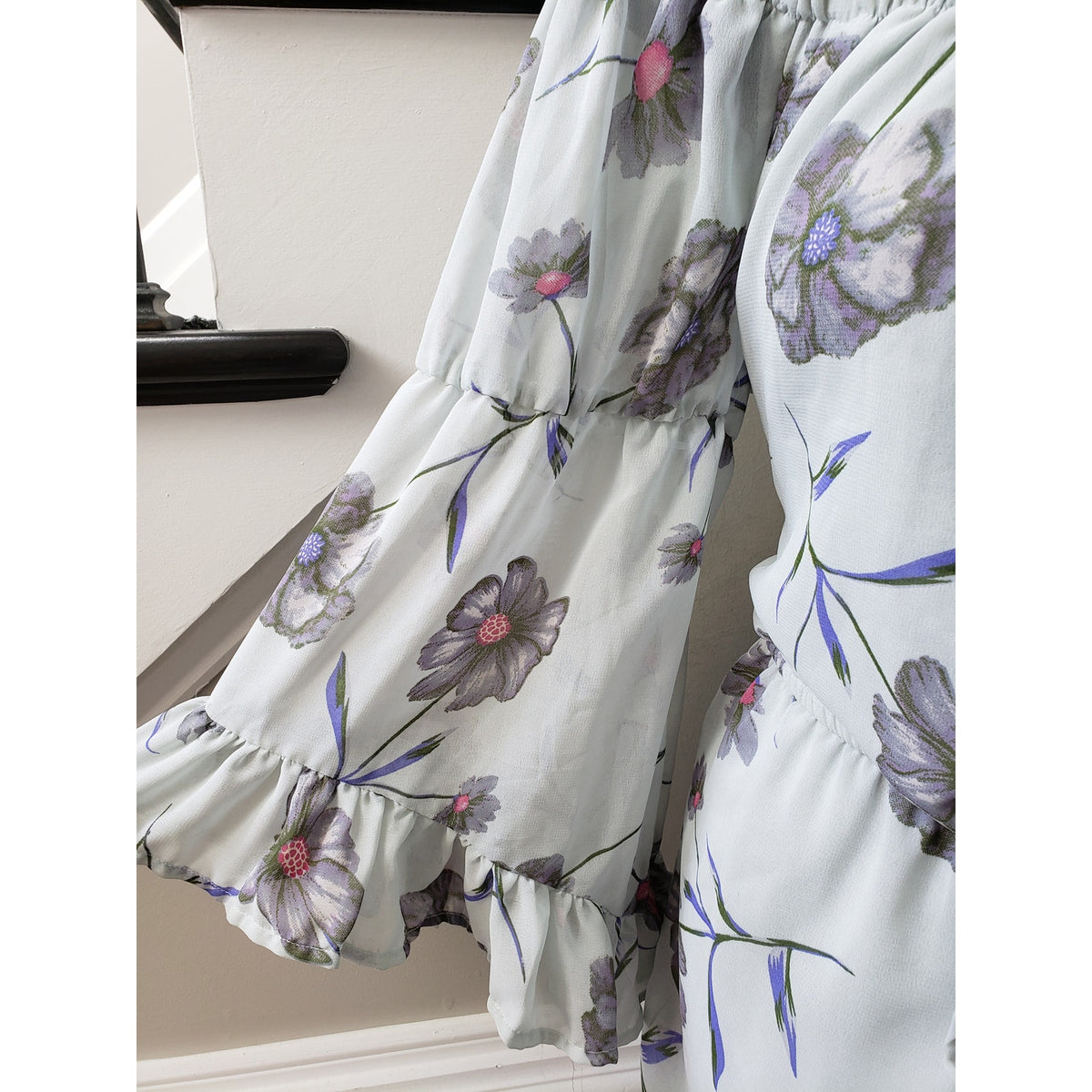 Blush Romper Women Large Gray Floral Print Off Shoulder Cinch Waist Flare Sleeve
