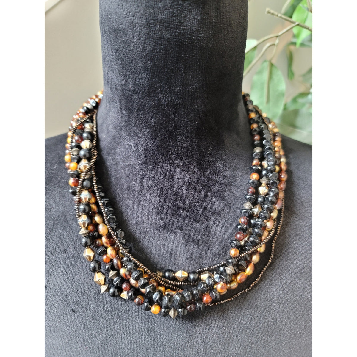 Chico's Women's Multi Strand Beaded Necklace Black Brown Gold Tones Lobster Clasp