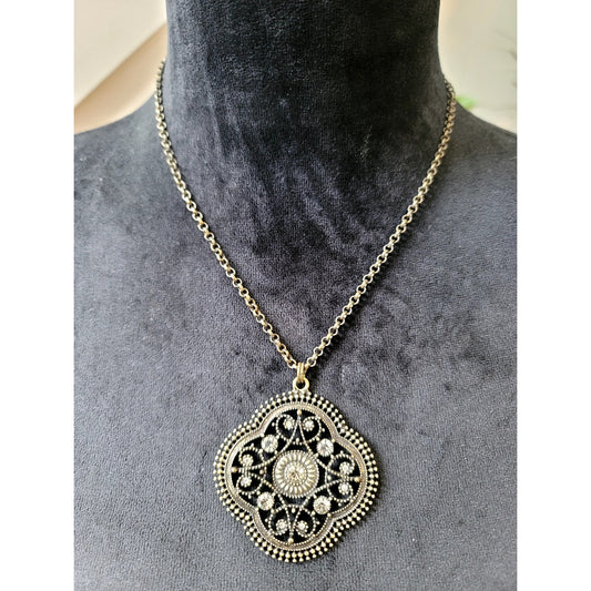 Express Antiqued Bronze Tone Filigree Rhinestone Pendant Necklace Boho Chic