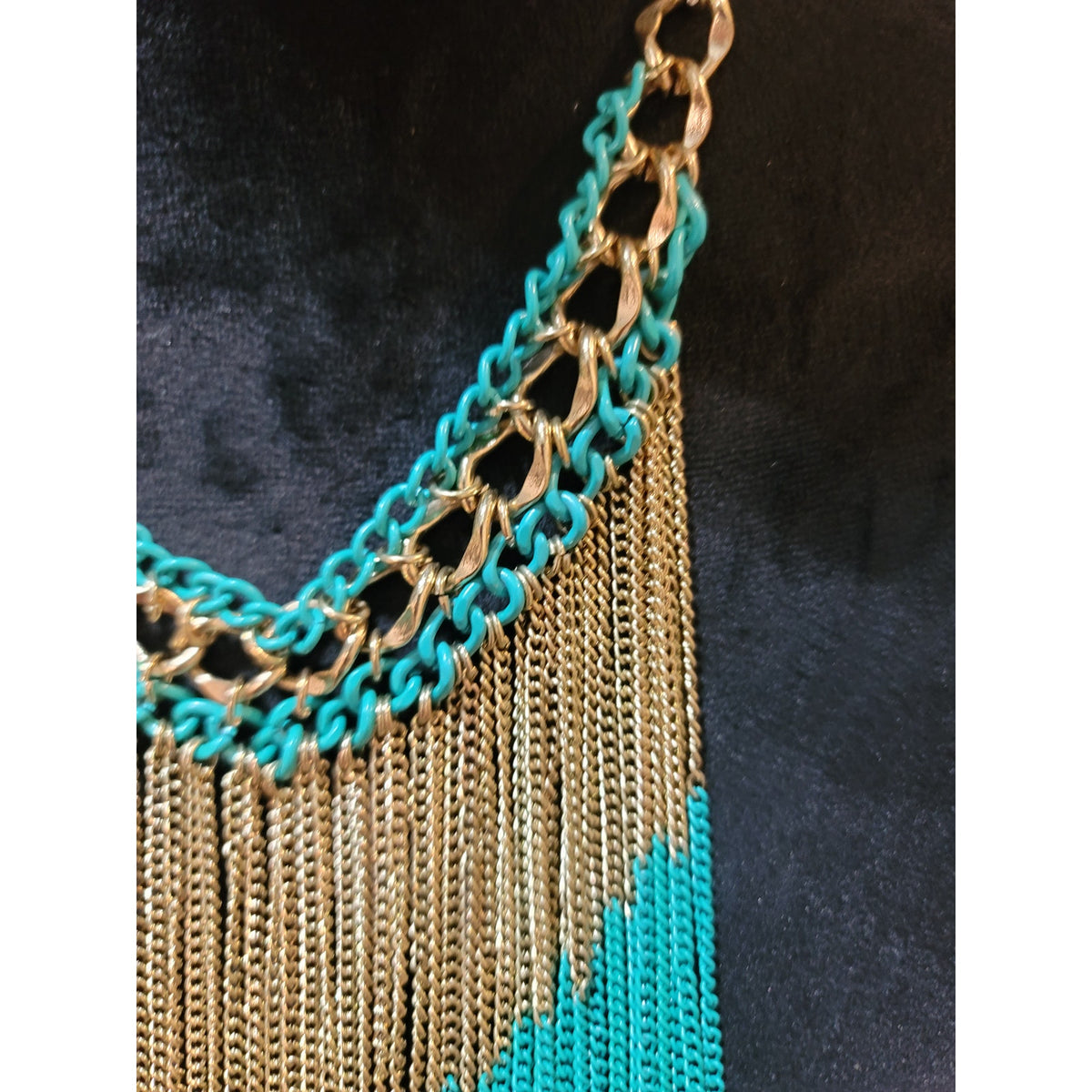 Women's Turquoise And Gold Fringe Statement Necklace With Lobster Clasp Lock
