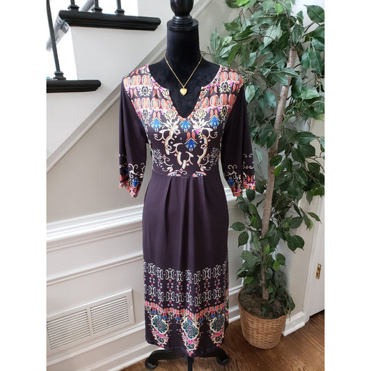 Women's Multicolor Polyester V-Neck Short Sleeve Knee Length Dress Size Large