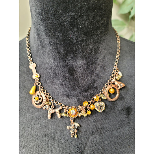 Women's Yellow Beaded Charm Necklace with Floral and Bone Pendants