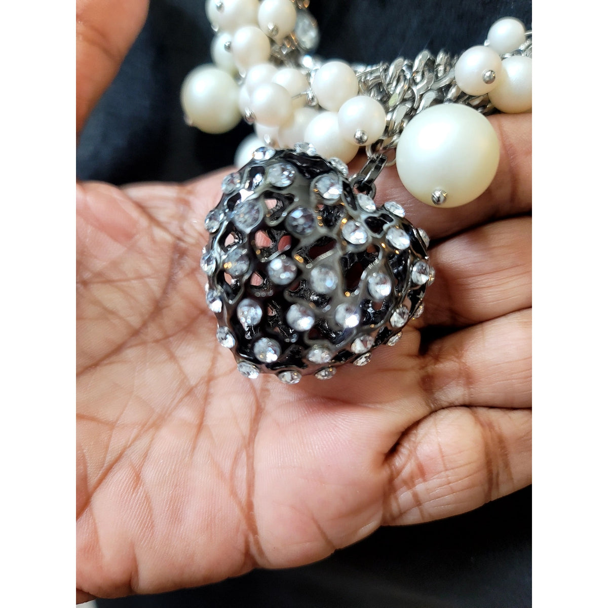 Vintage Faux Pearl Cluster Statement Necklace Silver Tone Rhinestone Pendant