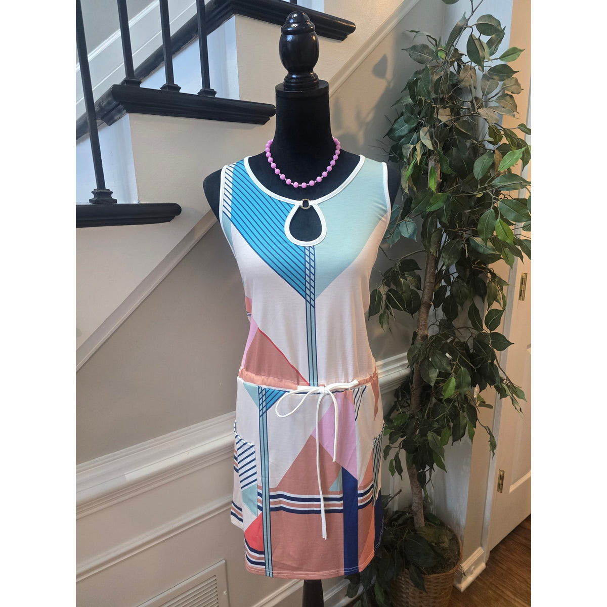 Saukole Mini Dress Women 2XL Multicolor Geometric Drawstring Waist Keyhole Neck