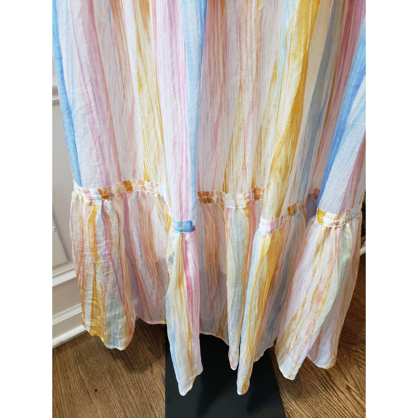 Fashion Nova Long Maxi Dress Womens S Yellow Combo Cinch Waist Tier Drop Stripe